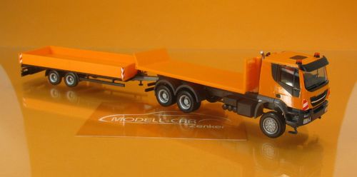 Iveco Trakker 6x6 Abrollflat-LKW Tiefladeanhänger orange 1:87
